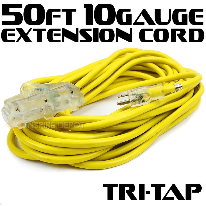 50Ft 10 /3 Gauge industrial power Electrical Extension Cords cable tri-tap UL