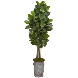 68” Rubber Leaf Artificial Tree in Vintage Metal Planter