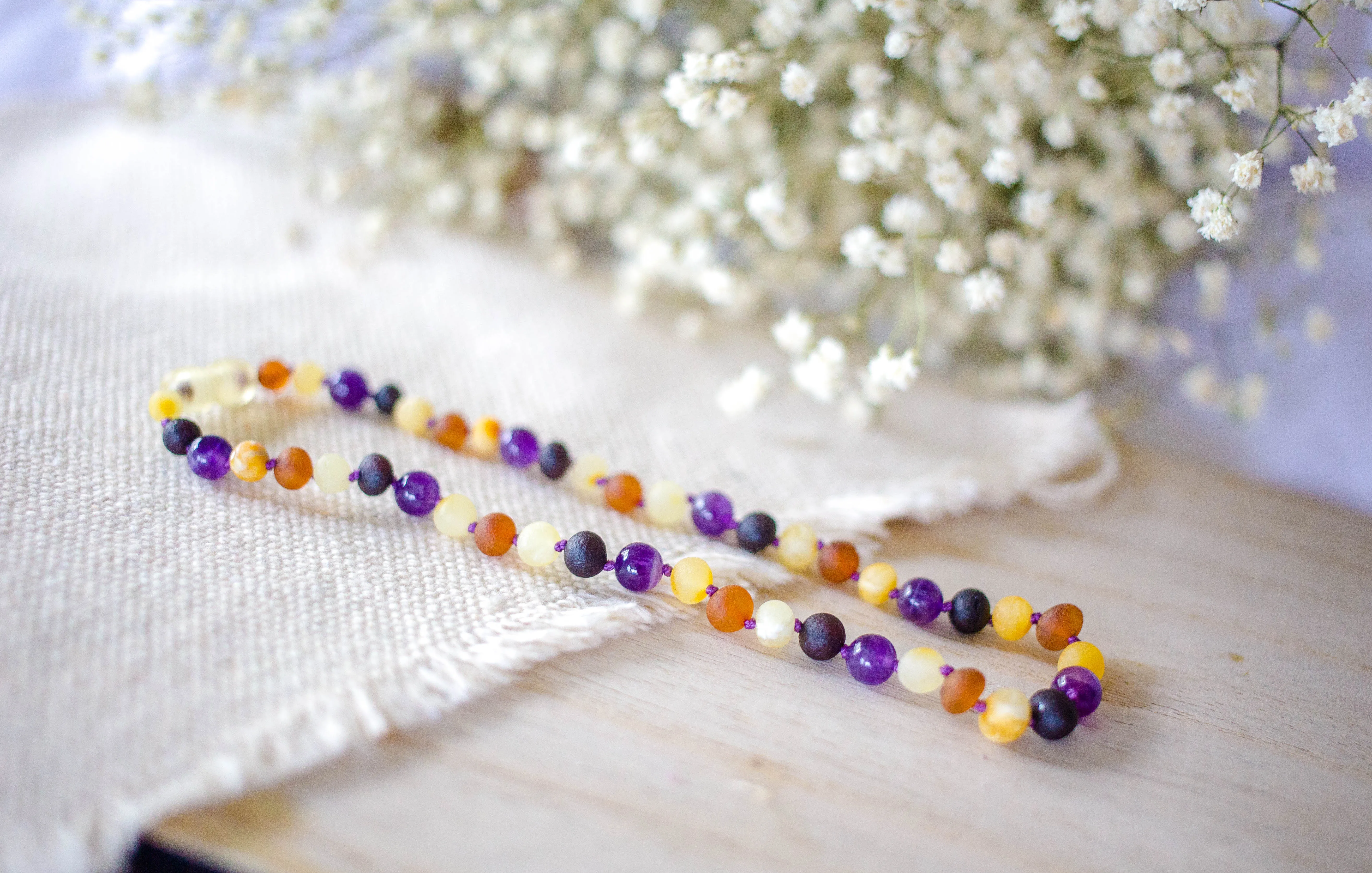 Amethyst and Honey, Black, and Buttermilk Baltic Amber Necklace