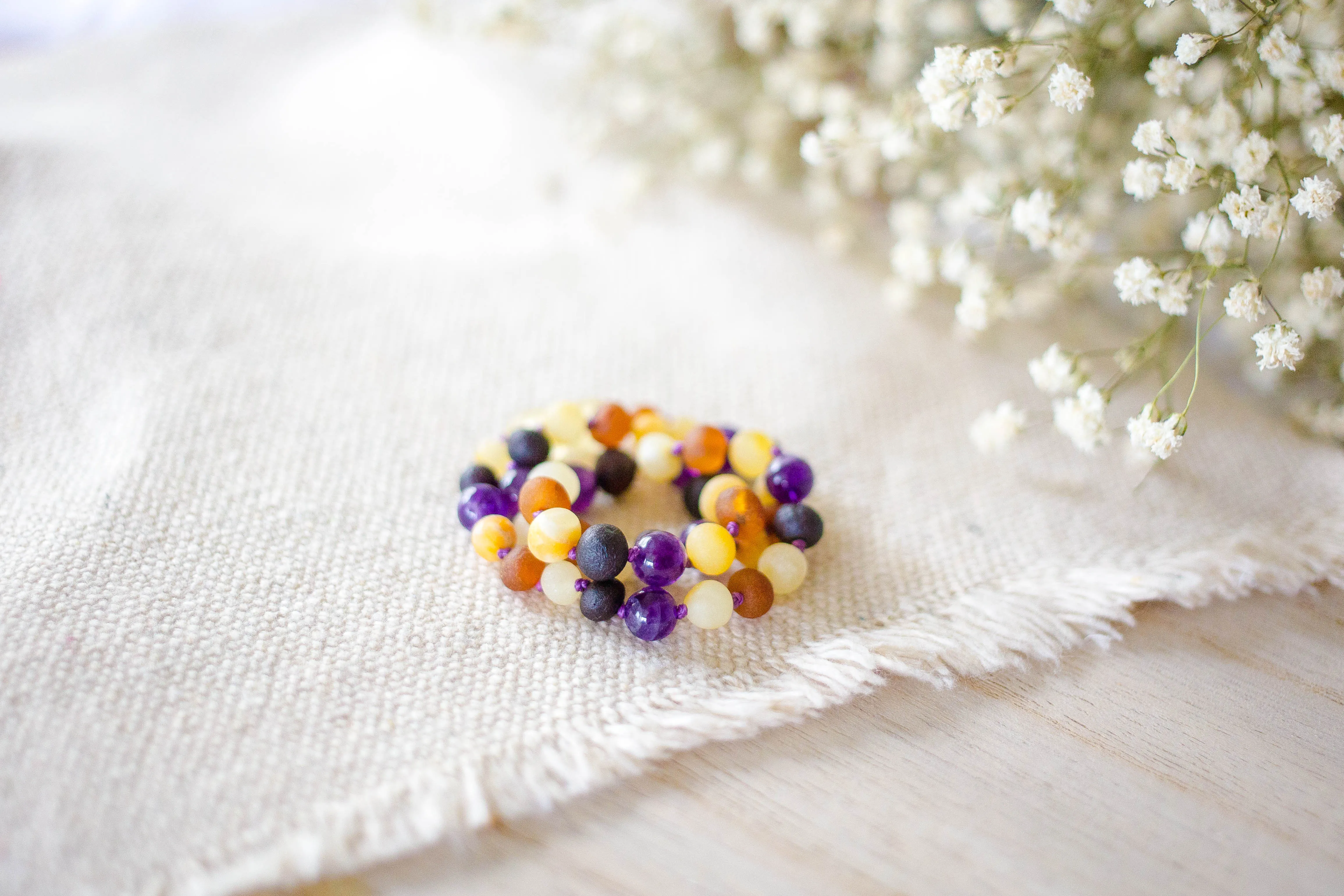 Amethyst and Honey, Black, and Buttermilk Baltic Amber Necklace