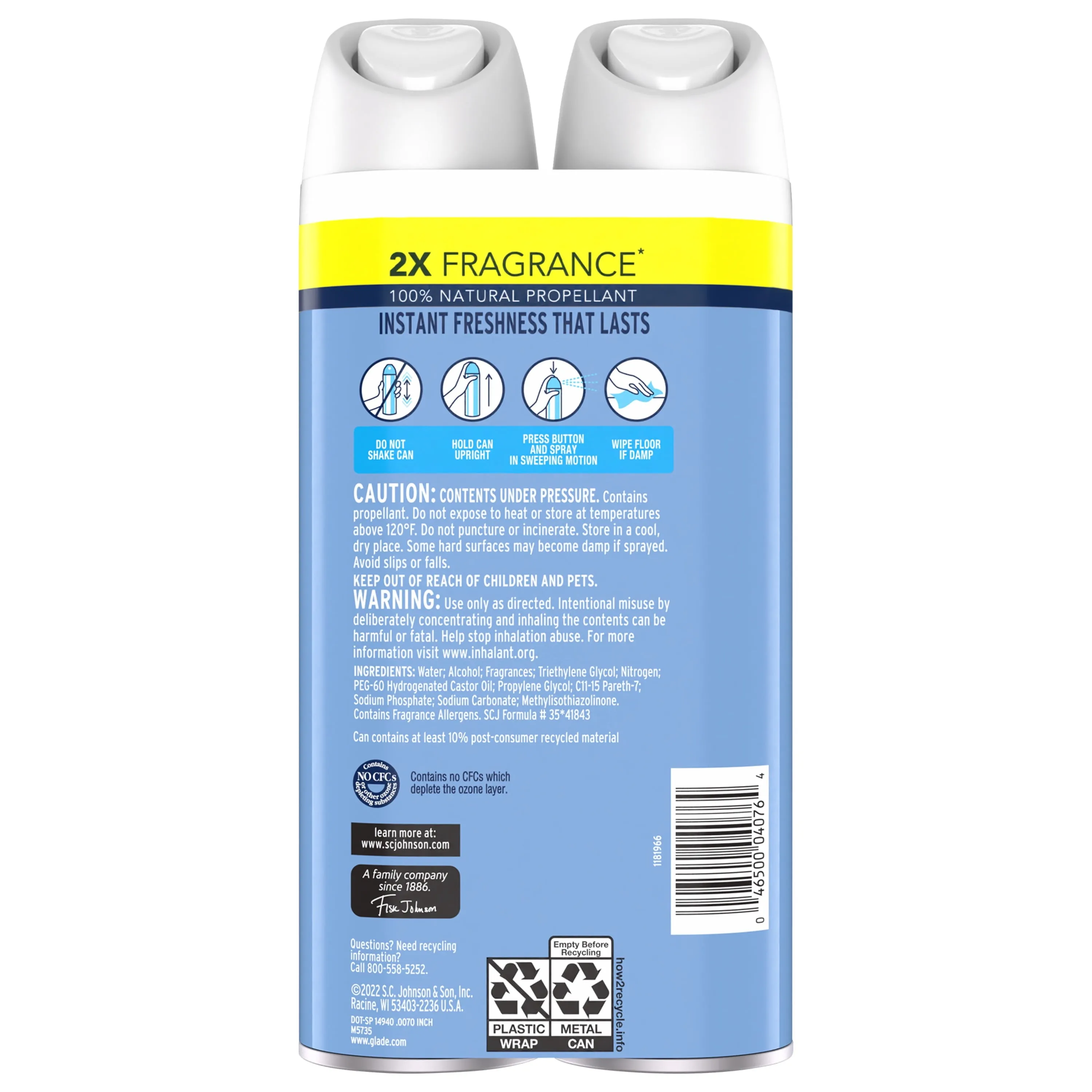 Glade Aerosol Spray, Air Freshener for Home, Clean Linen Scent, Fragrance Infused with Essential Oils, Invigorating and Refreshing, with 100% Natural Propellent, 8.3 oz, 2 Pack