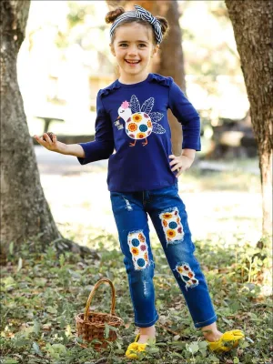 Gobble Gobble Floral Turkey Top and Patched Jeans Set