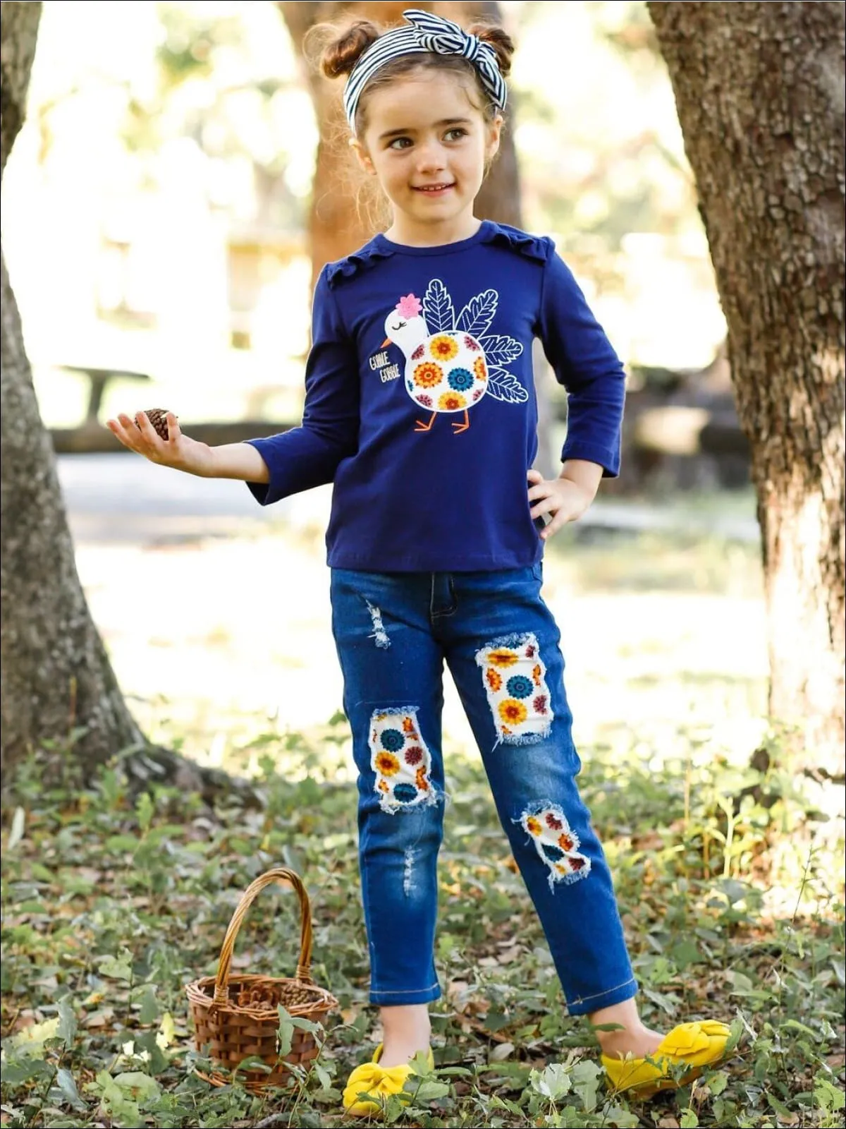 Gobble Gobble Floral Turkey Top and Patched Jeans Set