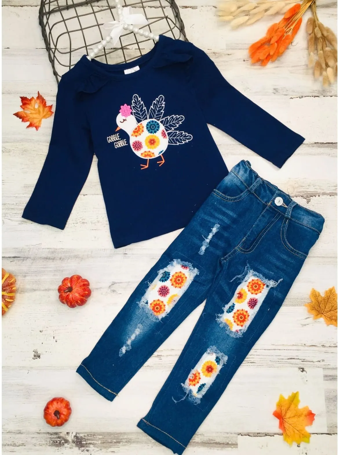Gobble Gobble Floral Turkey Top and Patched Jeans Set