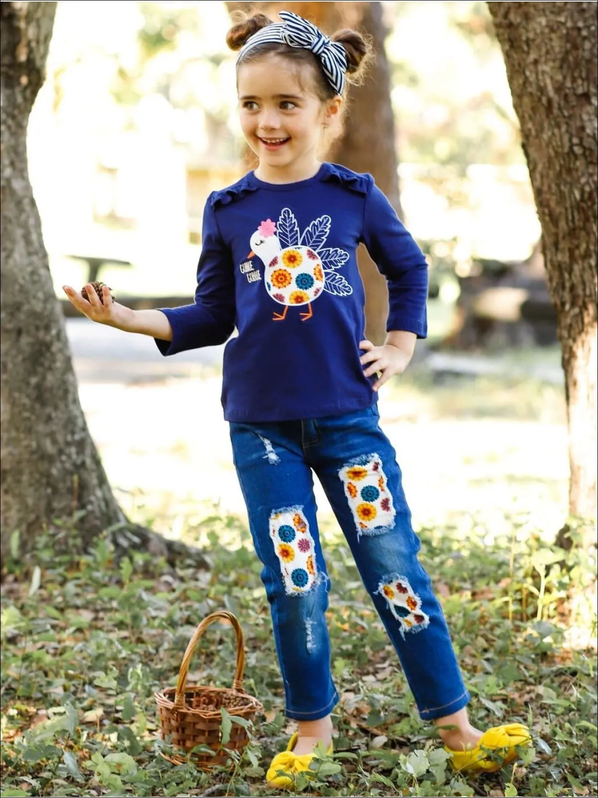 Gobble Gobble Floral Turkey Top and Patched Jeans Set
