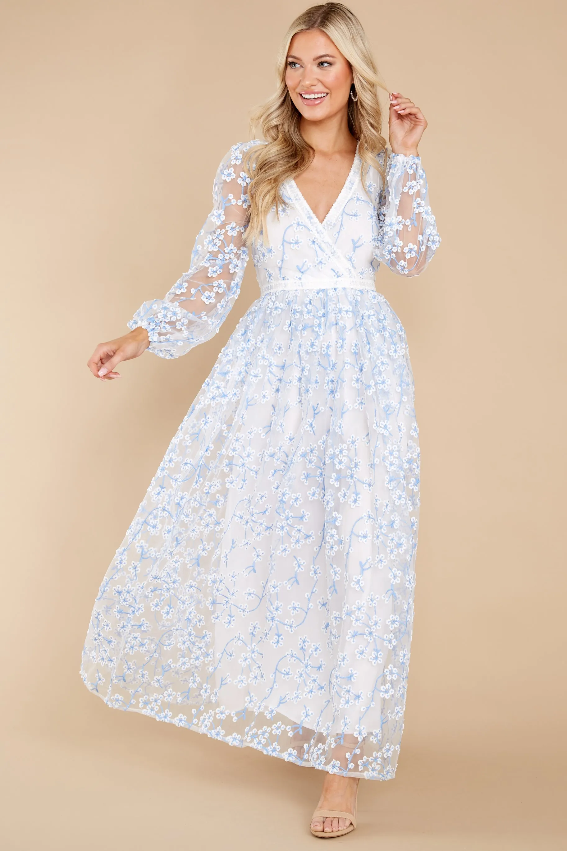 Heavenly Sights Blue And White Floral Embroidered Maxi Dress
