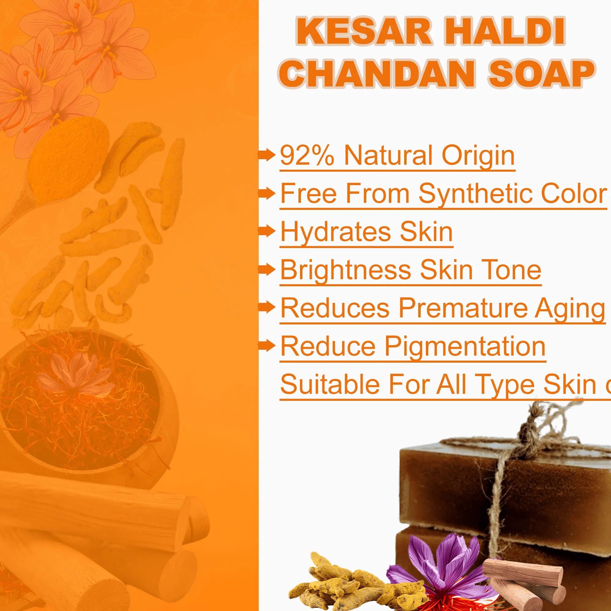 Kesar Haldi Chandan Homemade Handcrafted Soap Bar - Natural Saffron, Turmeric & Sandalwood, Brightening & Soothing for All Skin Types