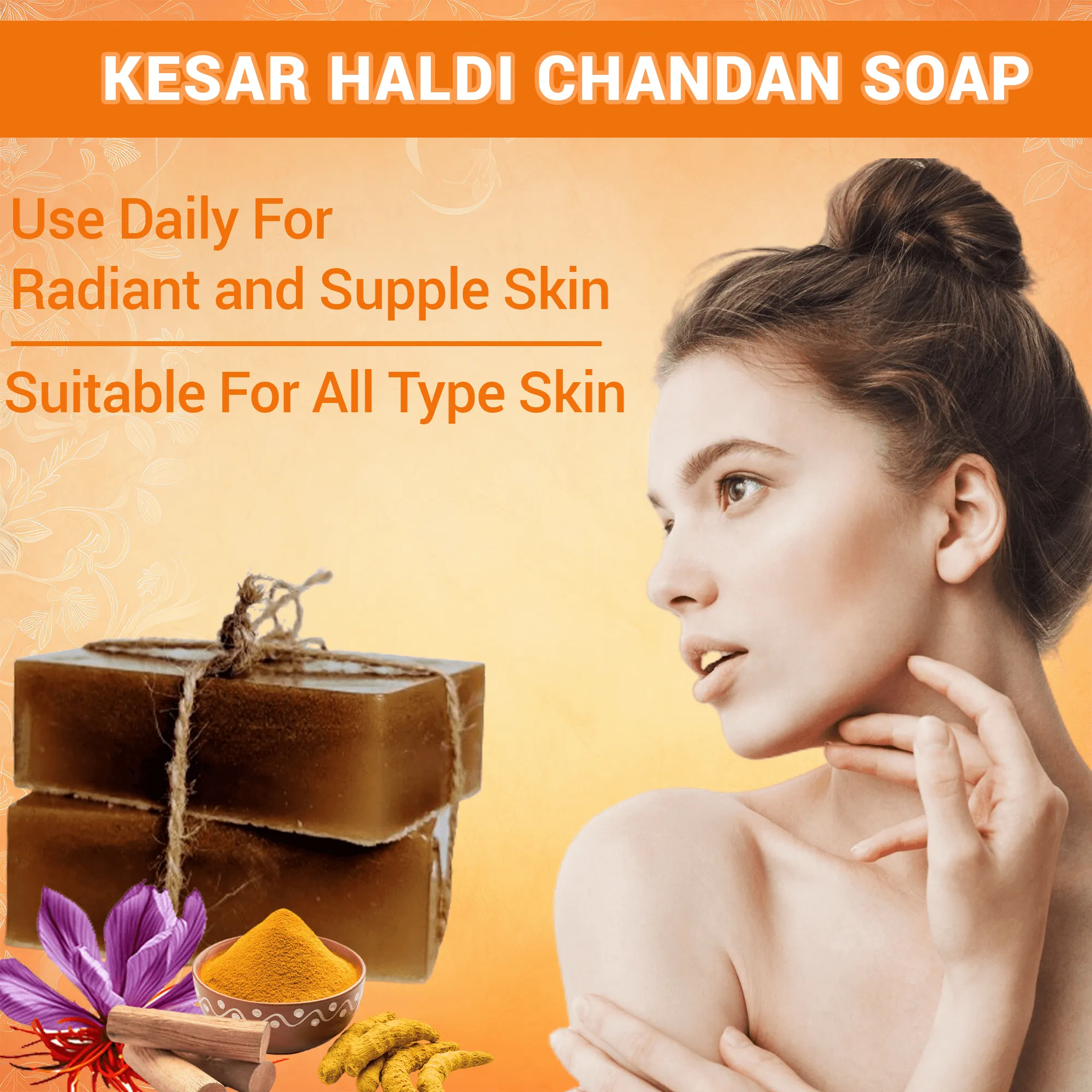 Kesar Haldi Chandan Homemade Handcrafted Soap Bar - Natural Saffron, Turmeric & Sandalwood, Brightening & Soothing for All Skin Types