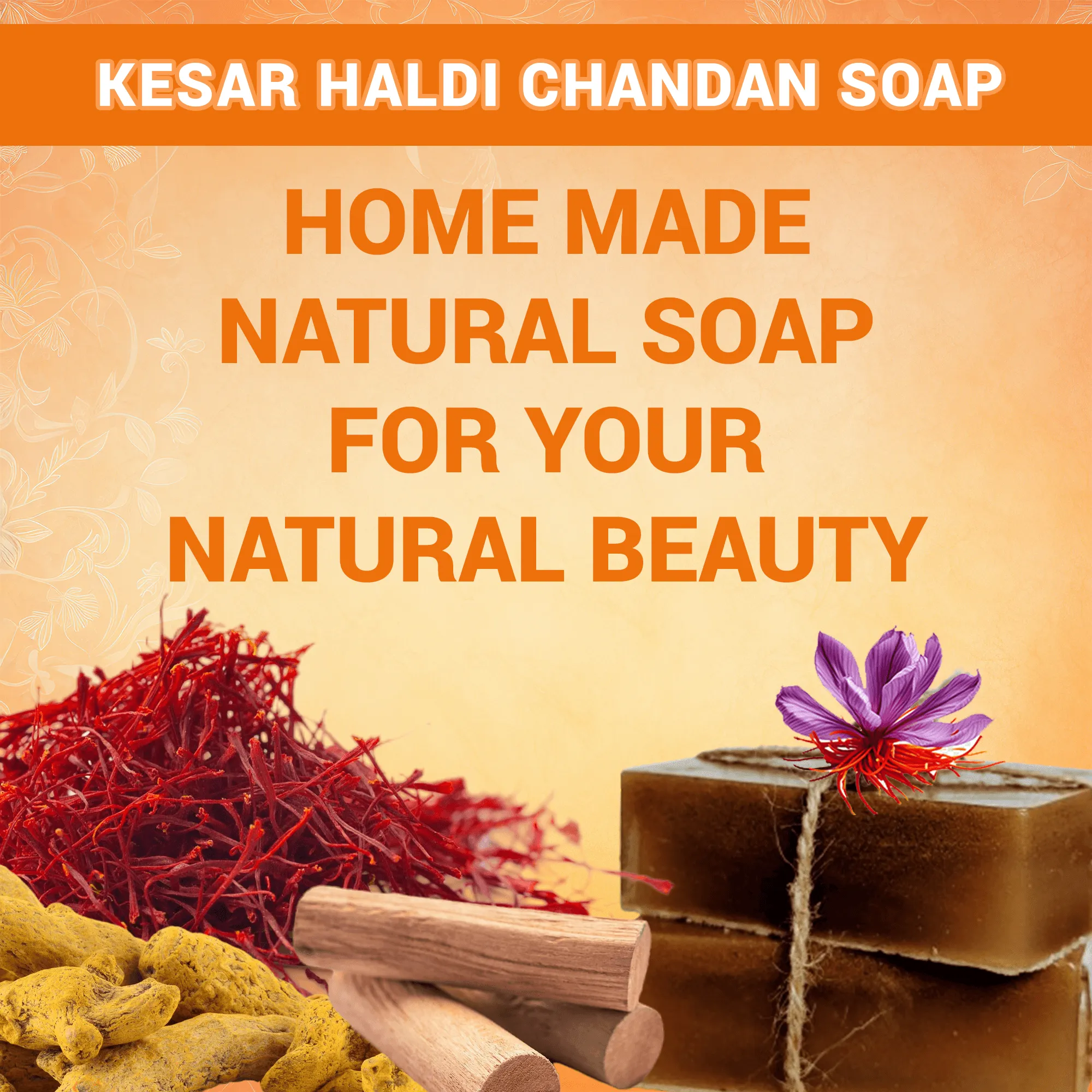 Kesar Haldi Chandan Homemade Handcrafted Soap Bar - Natural Saffron, Turmeric & Sandalwood, Brightening & Soothing for All Skin Types