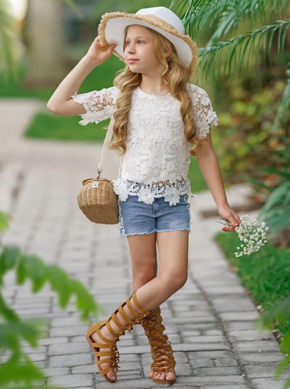 Lovely In Lace Denim Shorts Set