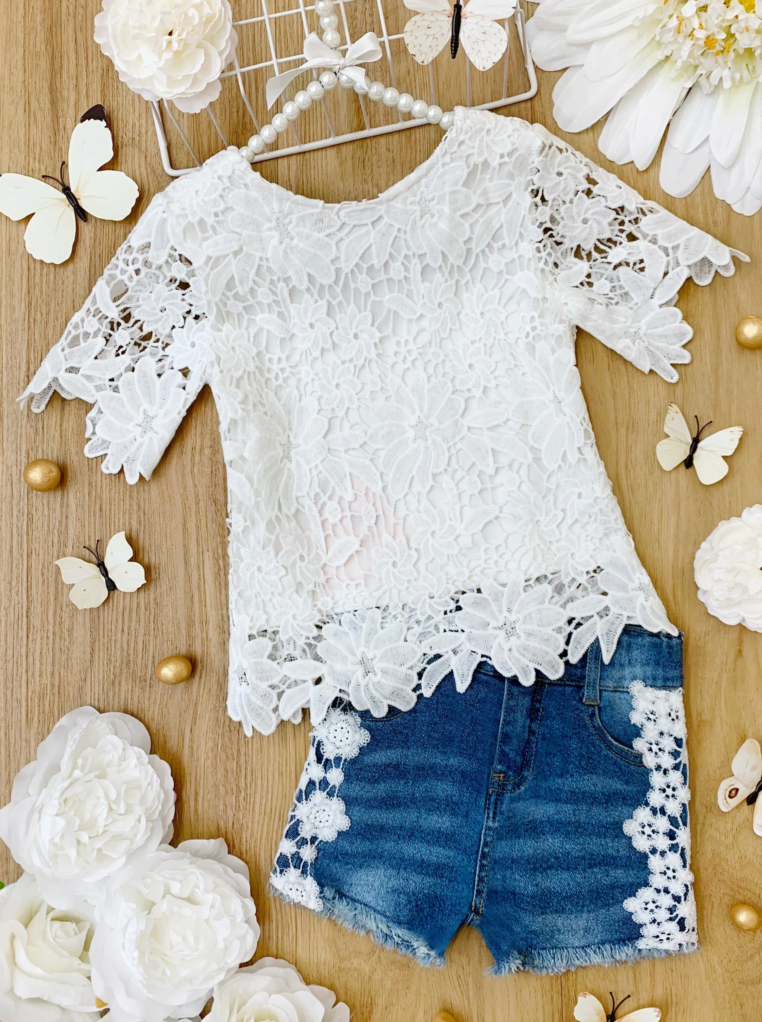 Lovely In Lace Denim Shorts Set
