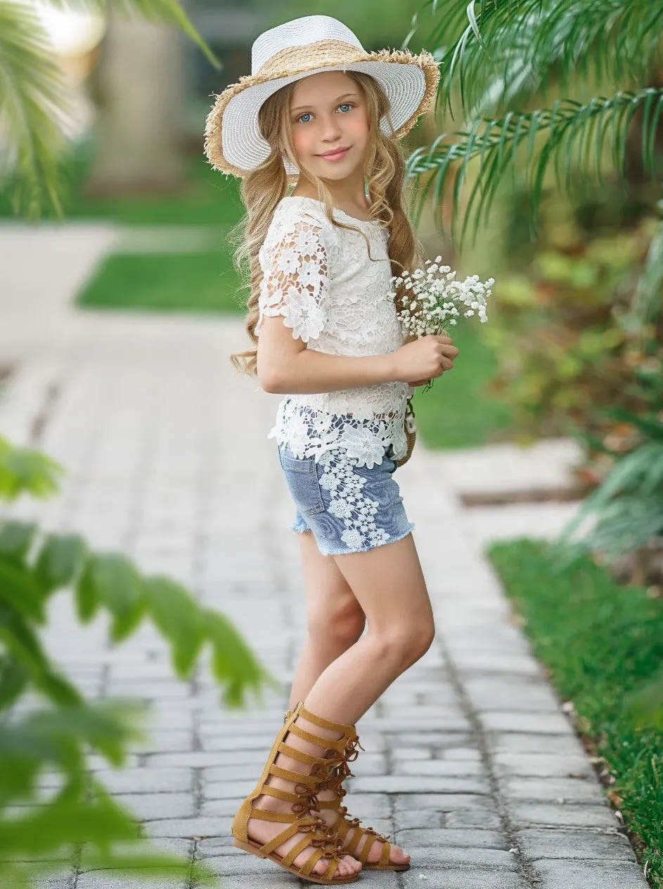 Lovely In Lace Denim Shorts Set