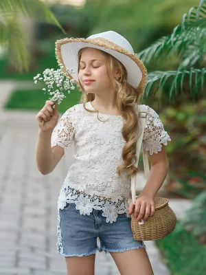 Lovely In Lace Denim Shorts Set