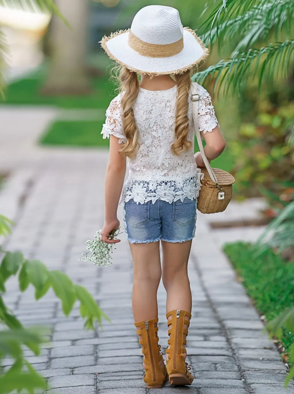 Lovely In Lace Denim Shorts Set