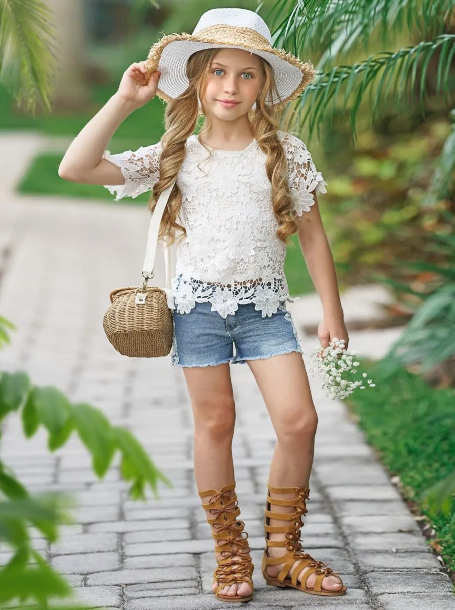 Lovely In Lace Denim Shorts Set
