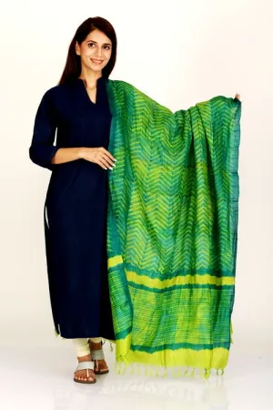 Maheshwari Shibori Handcrafted Zig Zag Green Tassar Silk Dupatta