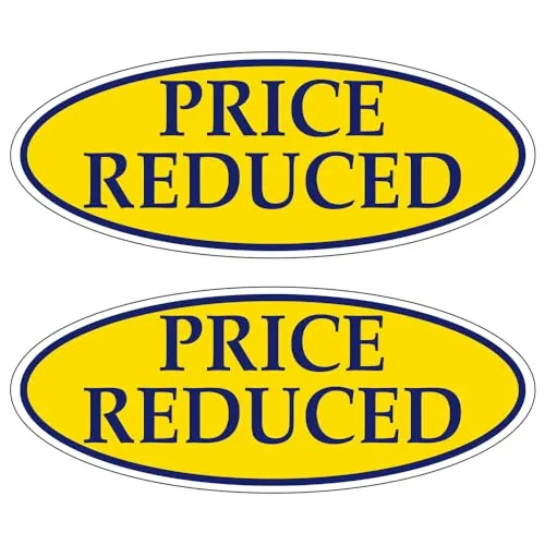 PRICE REDUCED Dark Blue on Yellow Oval Window Sticker for Car Dealerships - 14" x 5-1/2" Size - Premium Weatherproof Vinyl for Long-Lasting Visibility
