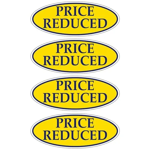 PRICE REDUCED Dark Blue on Yellow Oval Window Sticker for Car Dealerships - 14" x 5-1/2" Size - Premium Weatherproof Vinyl for Long-Lasting Visibility