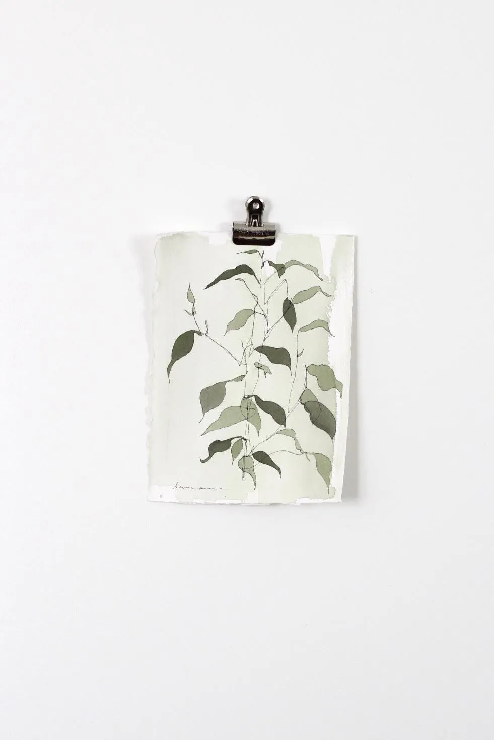 "Green Blind Contour Botanical 1" Watercolor Painting 5.5x7.5