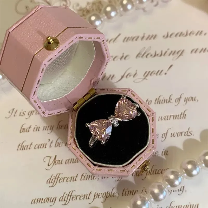 Sweet Colorful Crystal Heart Bowknot Ring