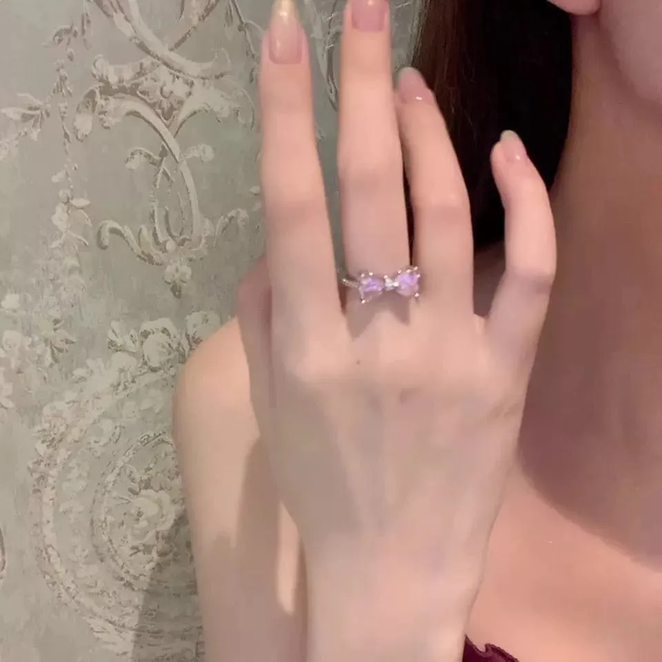 Sweet Colorful Crystal Heart Bowknot Ring