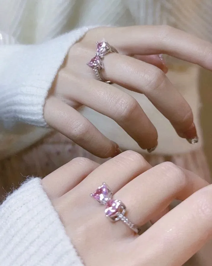 Sweet Colorful Crystal Heart Bowknot Ring