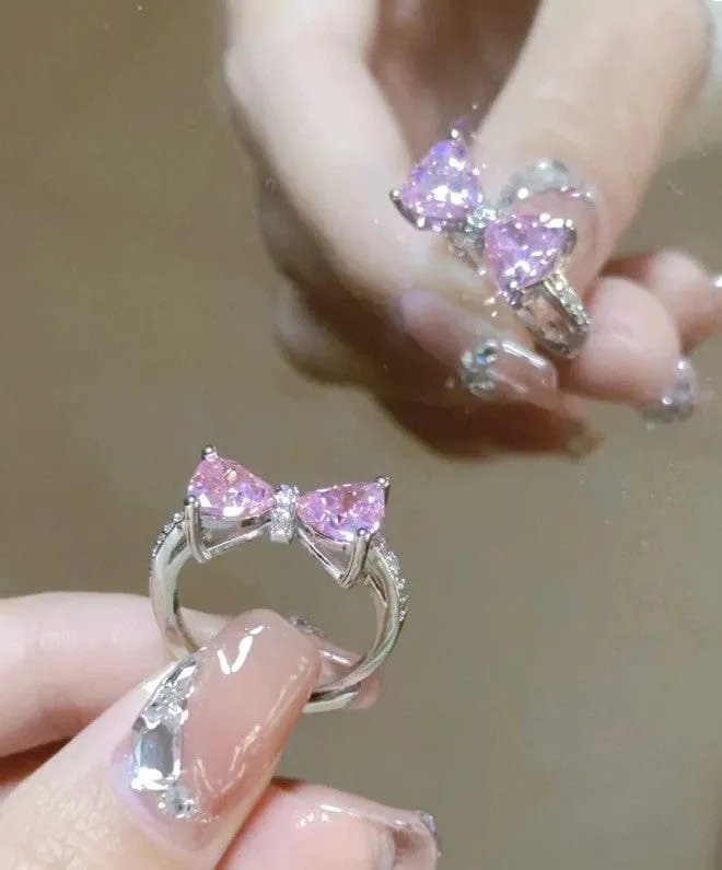 Sweet Colorful Crystal Heart Bowknot Ring