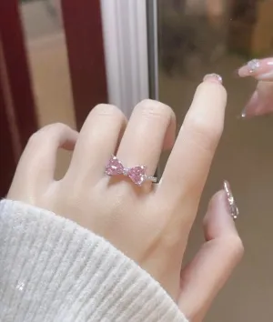Sweet Colorful Crystal Heart Bowknot Ring