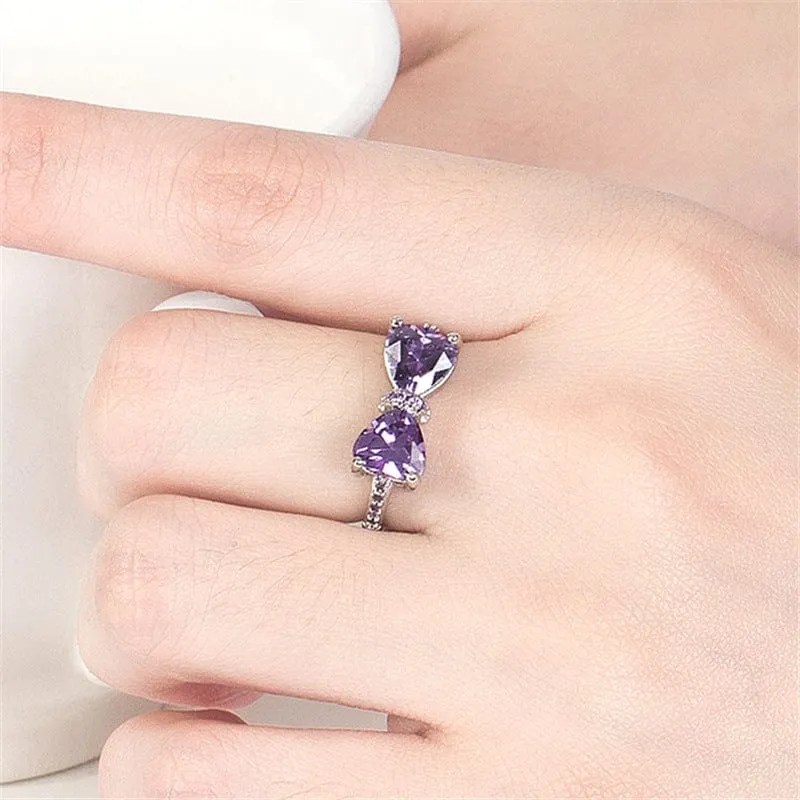 Sweet Colorful Crystal Heart Bowknot Ring