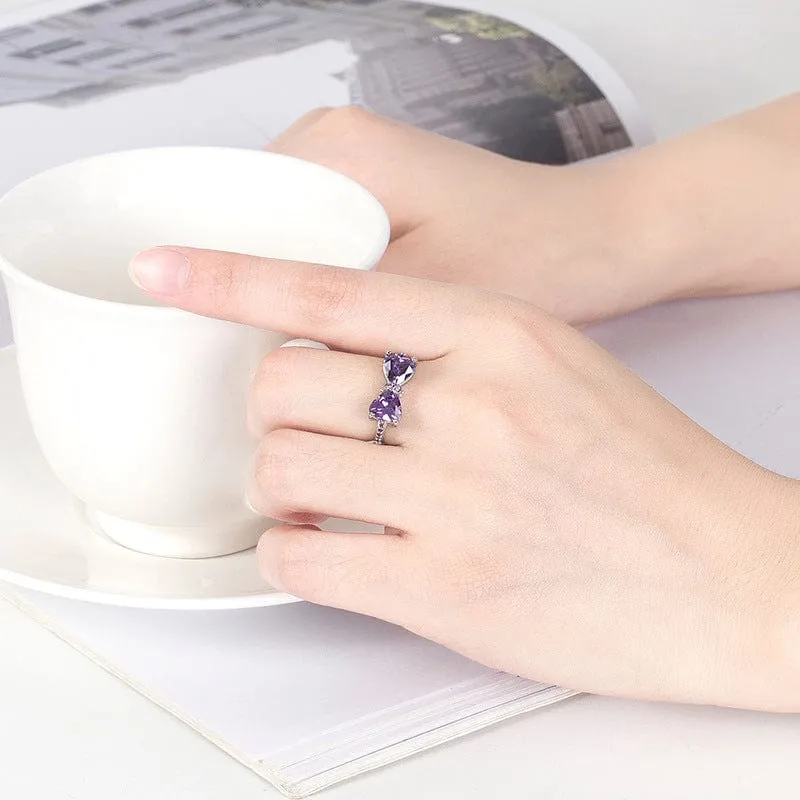 Sweet Colorful Crystal Heart Bowknot Ring