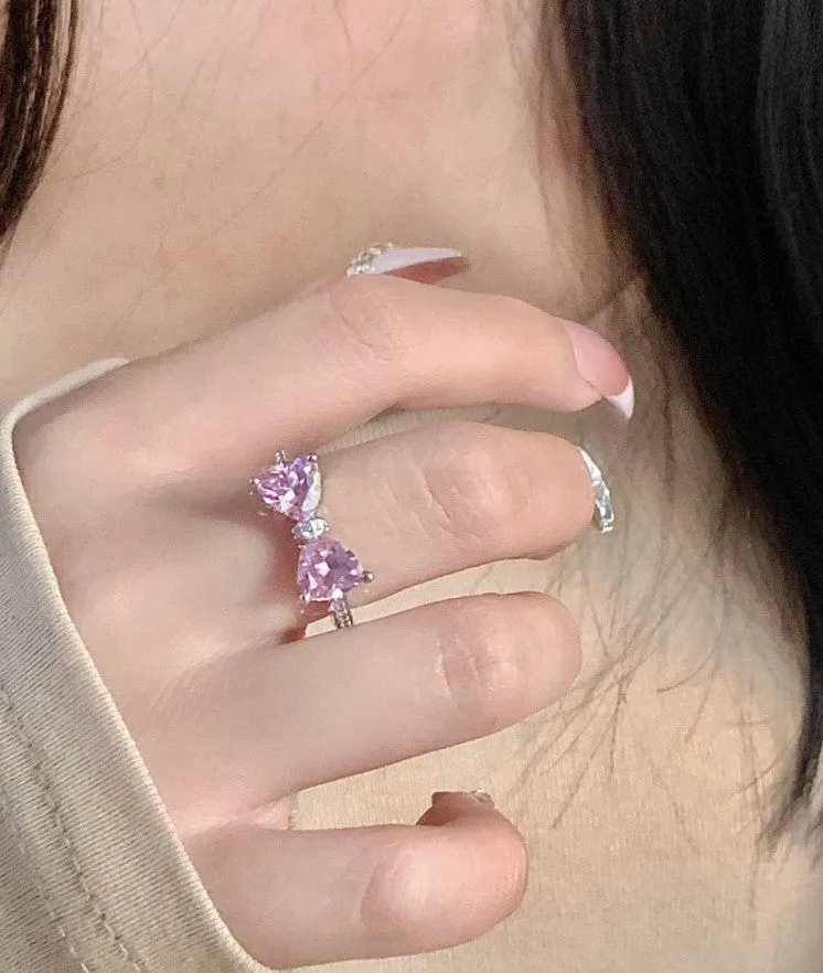 Sweet Colorful Crystal Heart Bowknot Ring