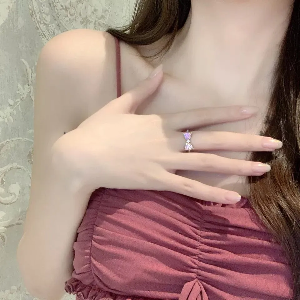 Sweet Colorful Crystal Heart Bowknot Ring