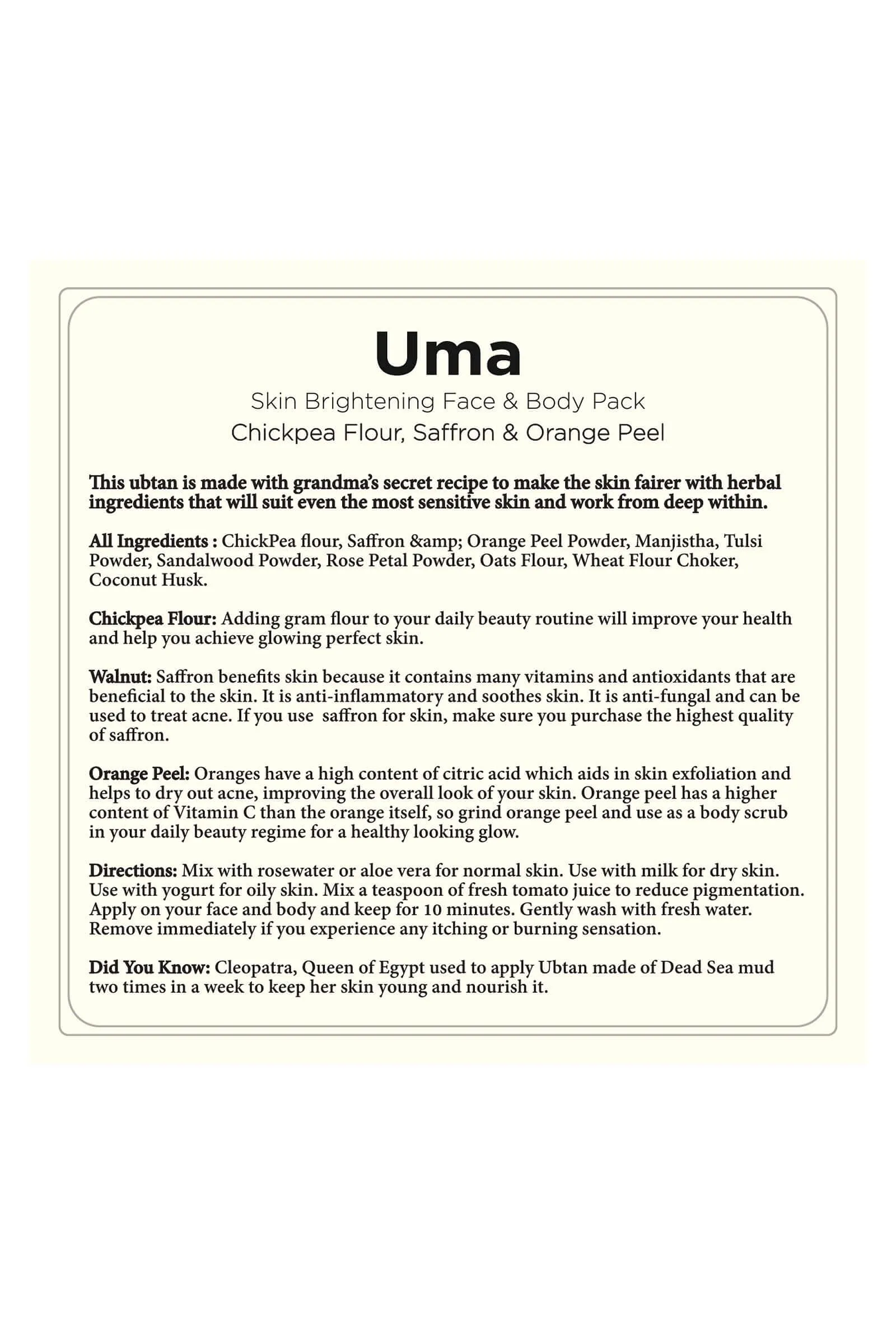 Uma-Skin Brightening Face & Body Pack-50gms